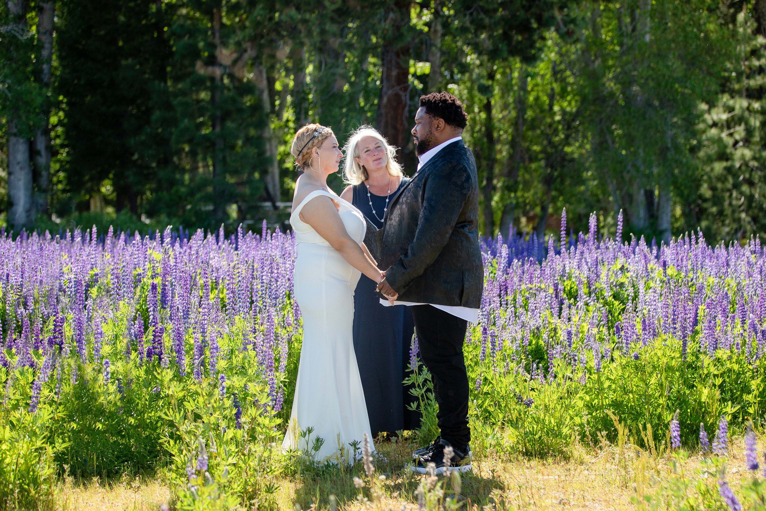 Couple during their wedding ceremony in a lupine field