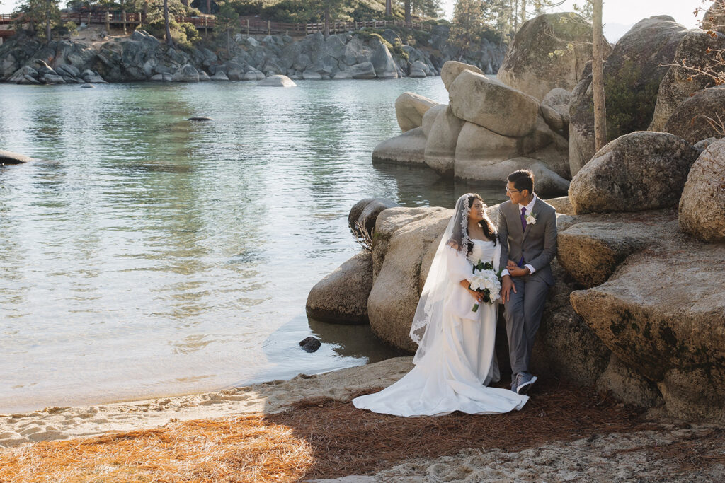 bride and groom in sand harbor, lake tahoe
