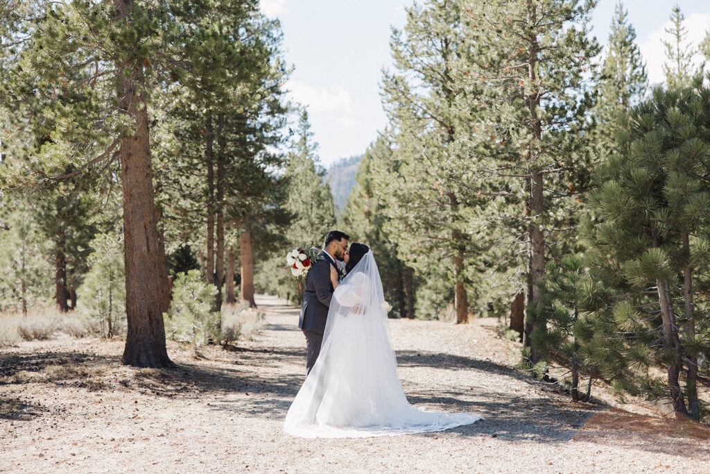 bride and groom kissing on a forest trail