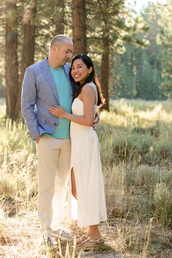 romantic golden hour engagement session in a forest in Lake Tahoe