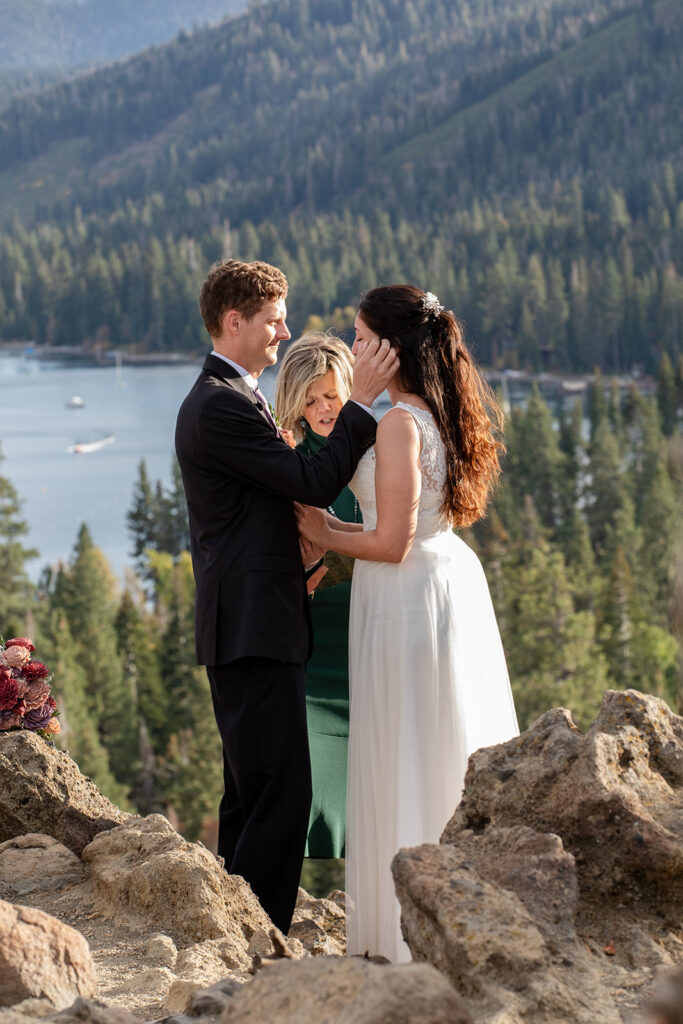 emotional and candid Eagle rock elopement ceremony with beautiful views