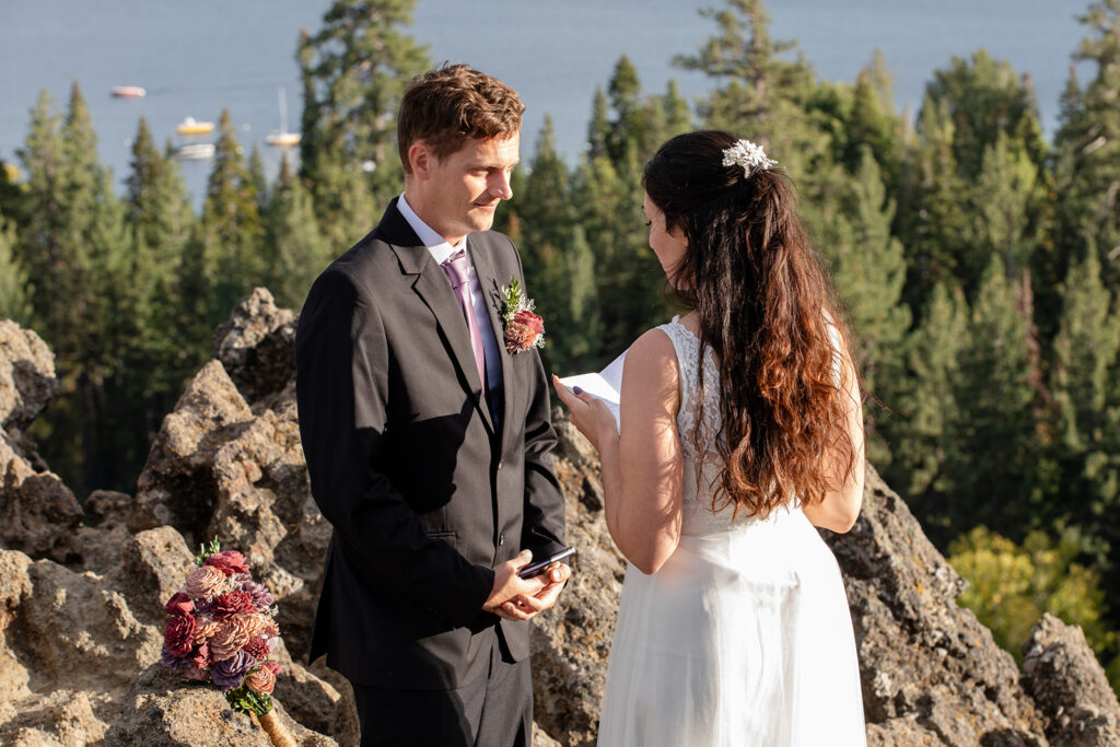 emotional and candid Eagle rock elopement ceremony with beautiful views