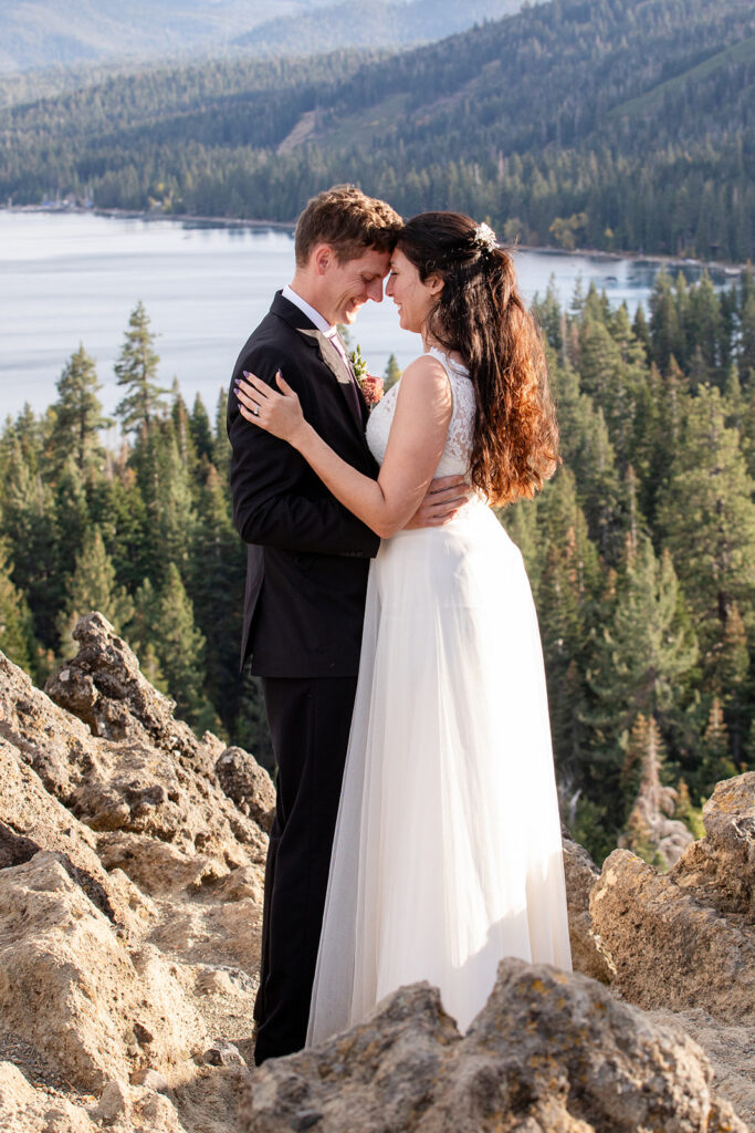 elopement couple hugging at Eagle Rock, Lake Tahoe