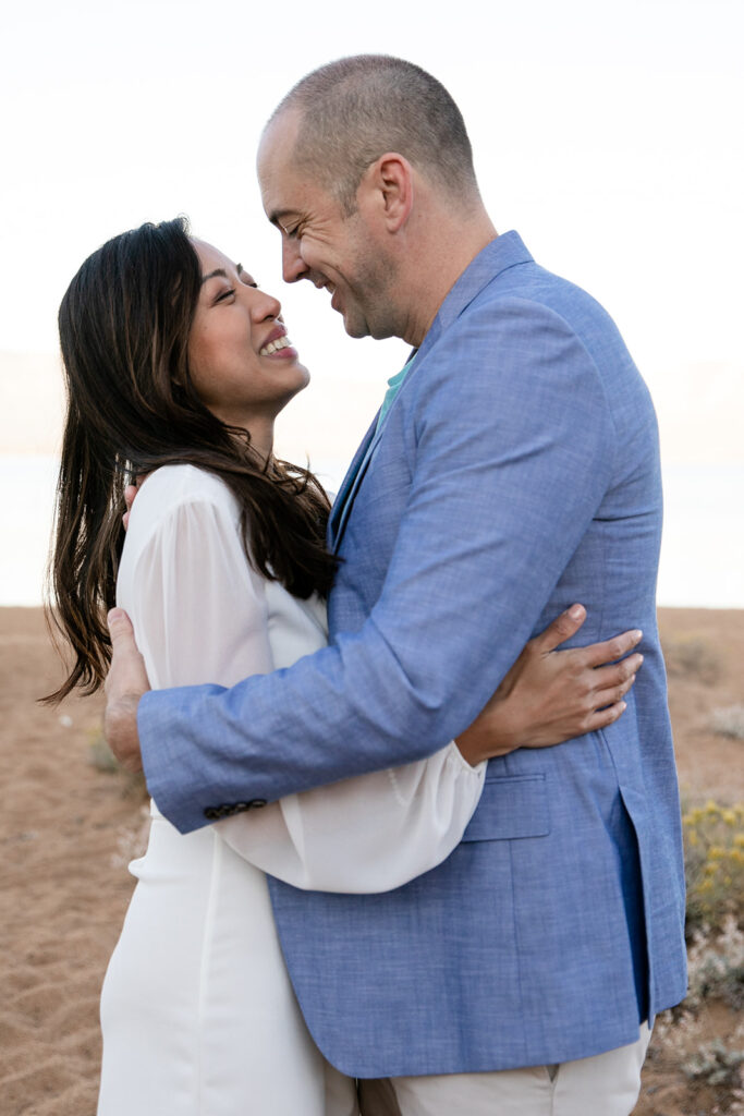 romantic golden hour engagement photos at nevada beach