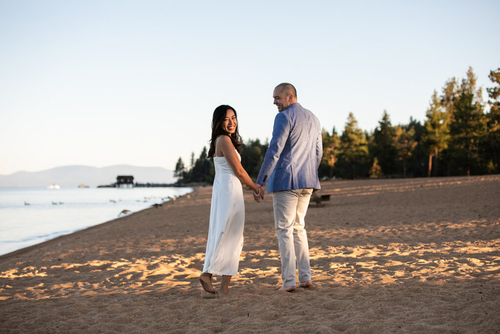 lake tahoe beach engagement during golden hour