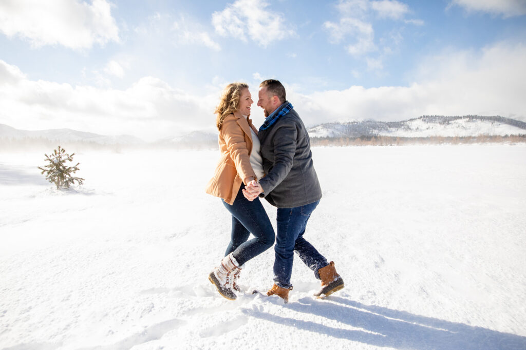 playful, candid lake tahoe winter engagement photos