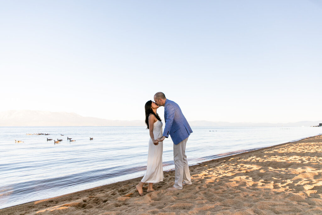 lake tahoe beach engagement during golden hour