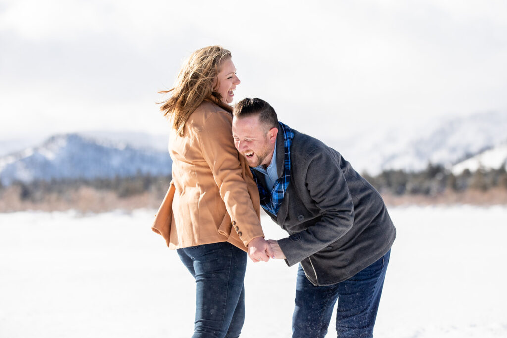 playful, candid lake tahoe winter engagement photos