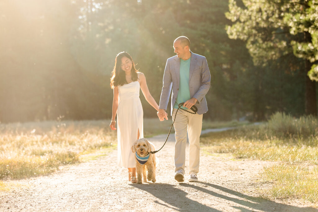 romantic golden hour engagement photos at nevada beach - couple with their cute little dog