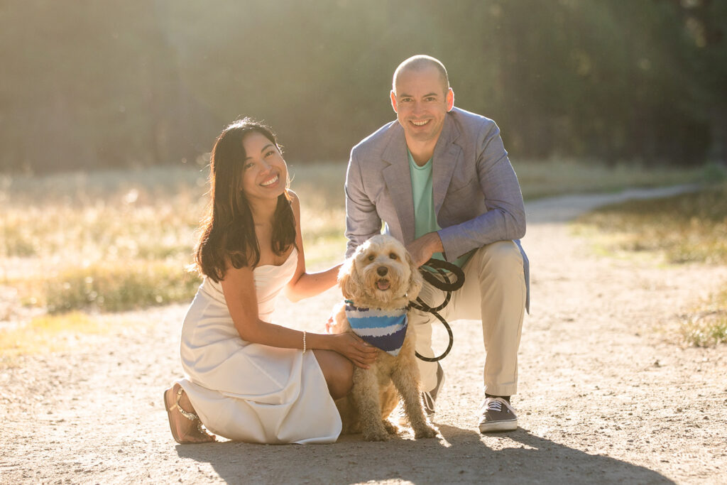 romantic golden hour engagement photos at nevada beach - couple with their cute little dog