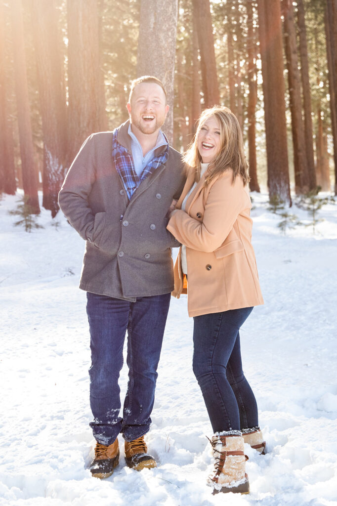 playful, candid lake tahoe winter engagement photos
