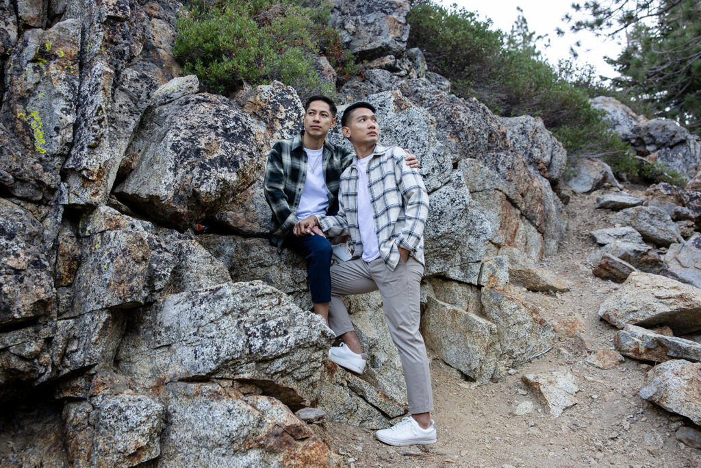lgbtq elopement couple during their lake tahoe hiking elopement