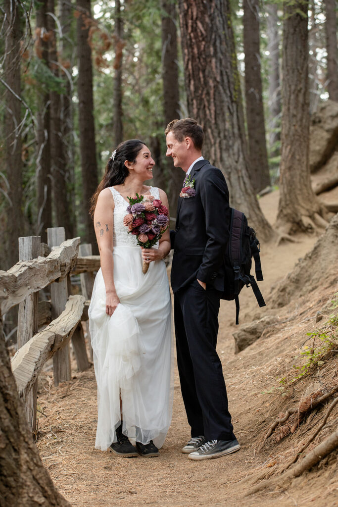 happy bride and groom during their lake tahoe hiking elopement