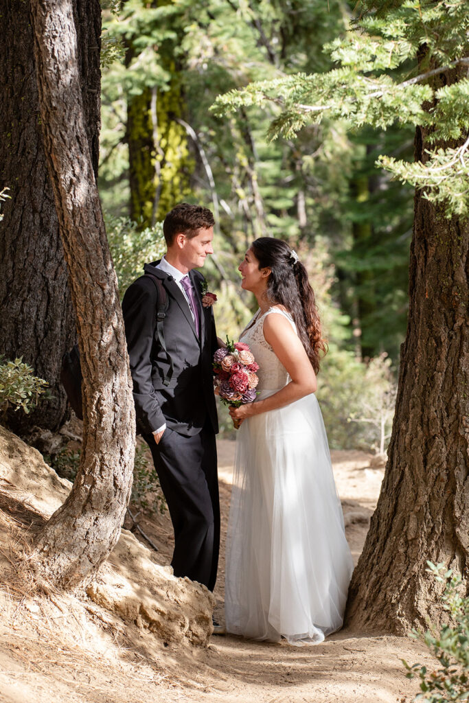 happy bride and groom during their lake tahoe hiking elopement