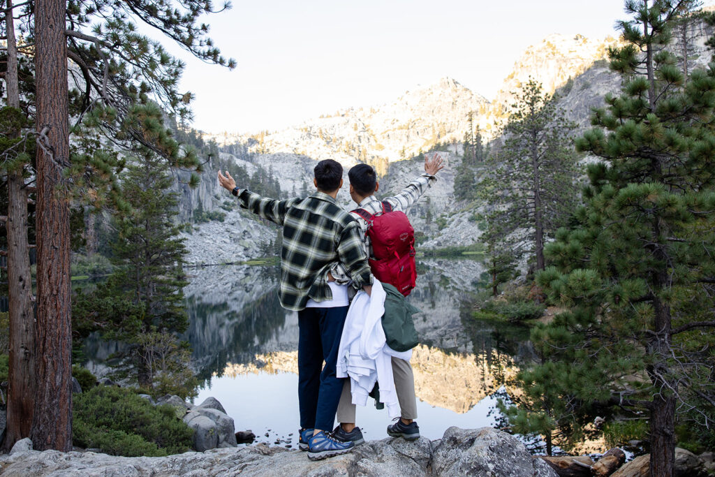 lgbtq elopement couple during their lake tahoe hiking elopement