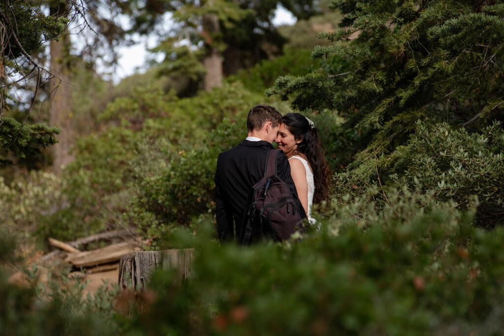 happy bride and groom during their lake tahoe hiking elopement