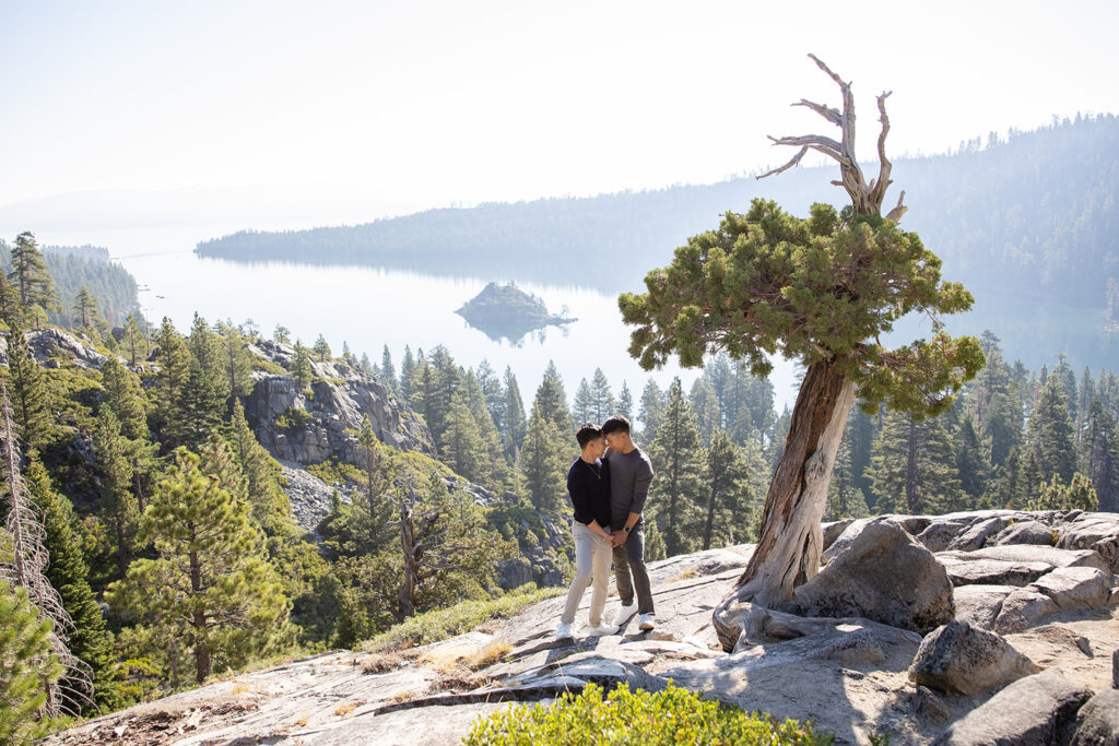 lgbtq elopement couple during their lake tahoe hiking elopement at eagle lake trail head