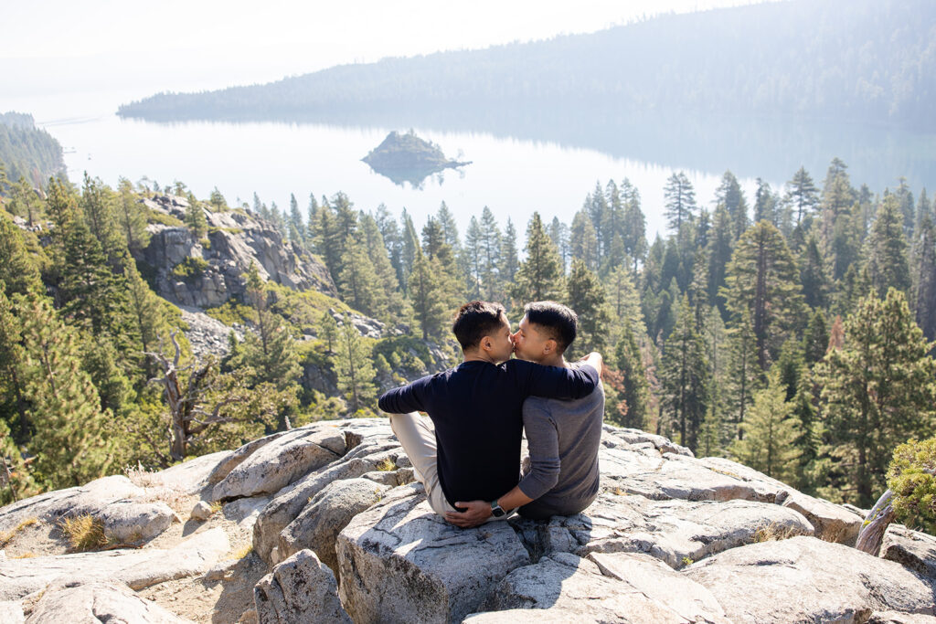 lgbtq elopement couple during their lake tahoe hiking elopement at eagle lake trail head