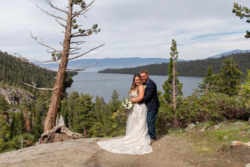 happy elopement couple during their lake tahoe hiking elopement at eagle lake trail head