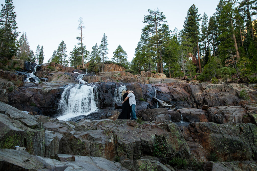 playful couple at Glen Alpine Falls, Lake Tahoe