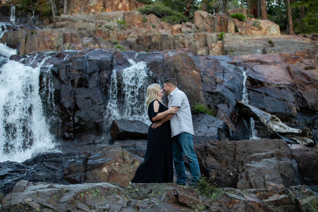 playful couple at Glen Alpine Falls, Lake Tahoe