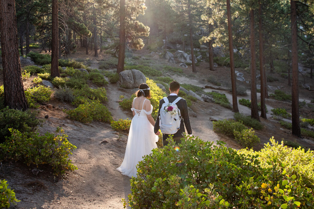 bride and groom hiking