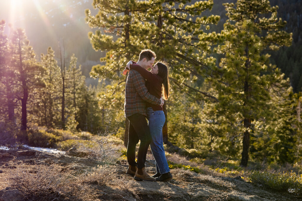 golden hour forest engagement photos at Lake Tahoe