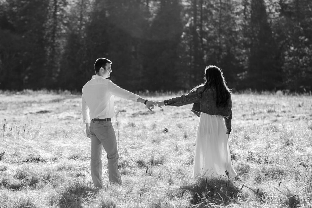 golden hour field engagement photos in Yosemite National Park