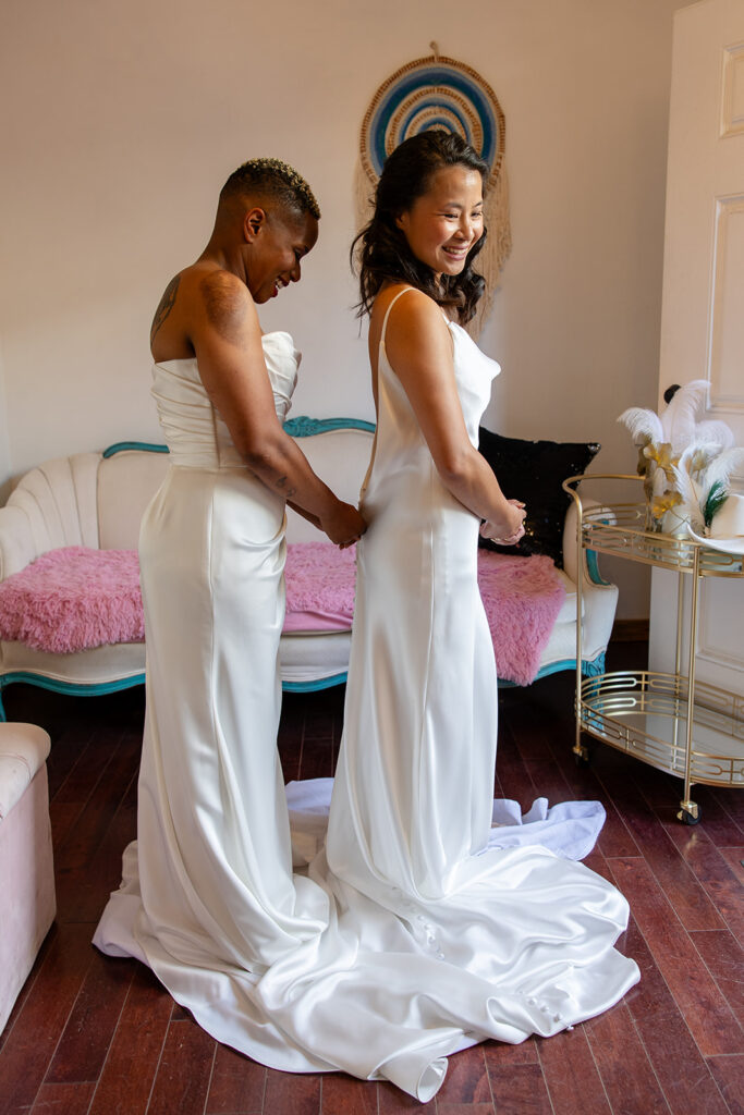 Brides getting ready together