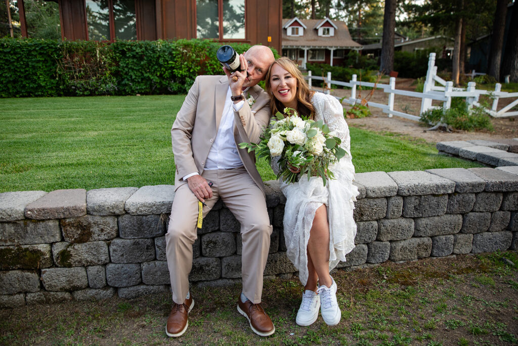 excited bride and groom at the end of their lake tahoe elopement day