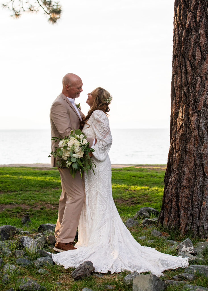 bride and groom holding each other during their Lake Tahoe elopement