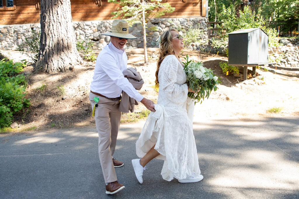 bride and groom hiking during their Lake Tahoe elopement
