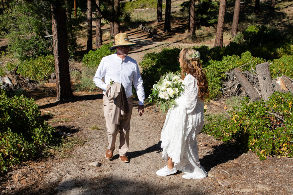 bride and groom hiking during their Lake Tahoe elopement