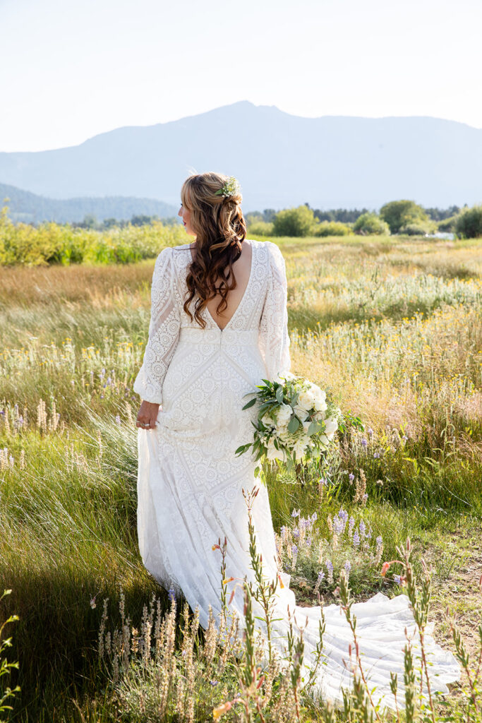 boho elopement bride in a beautiful meadow lake tahoe elopement location