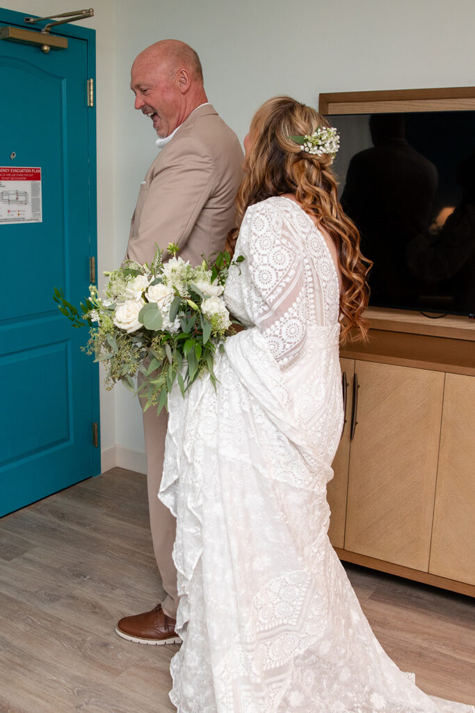 bride and groom first look in Margaritaville resort, South Lake Tahoe