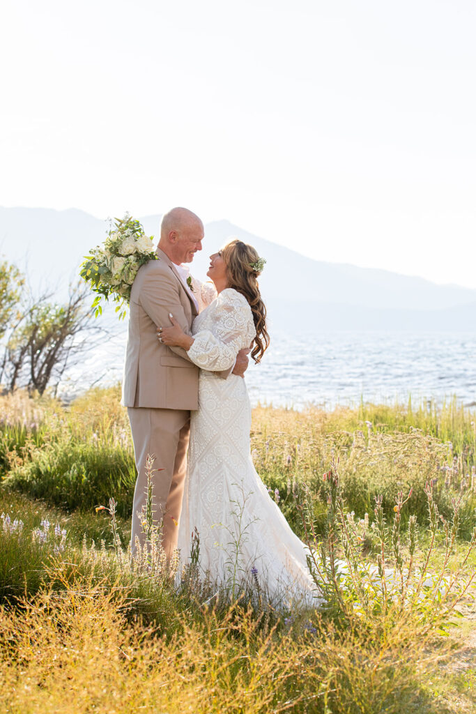 sweet elopement couple in a beautiful meadow lake tahoe elopement location