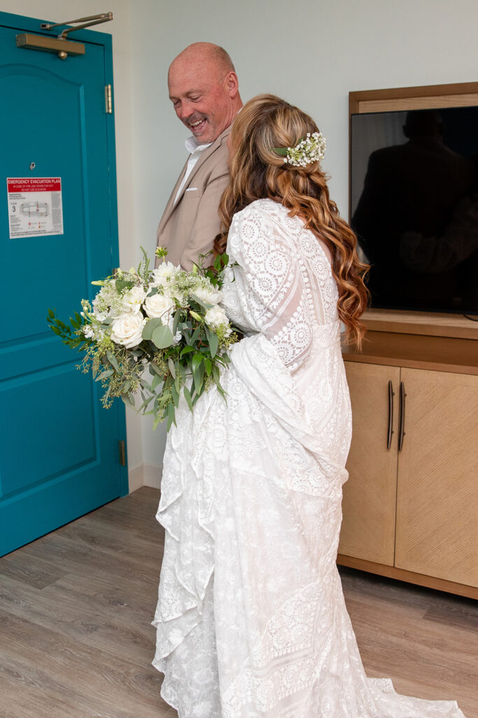 bride and groom first look in Margaritaville resort, South Lake Tahoe