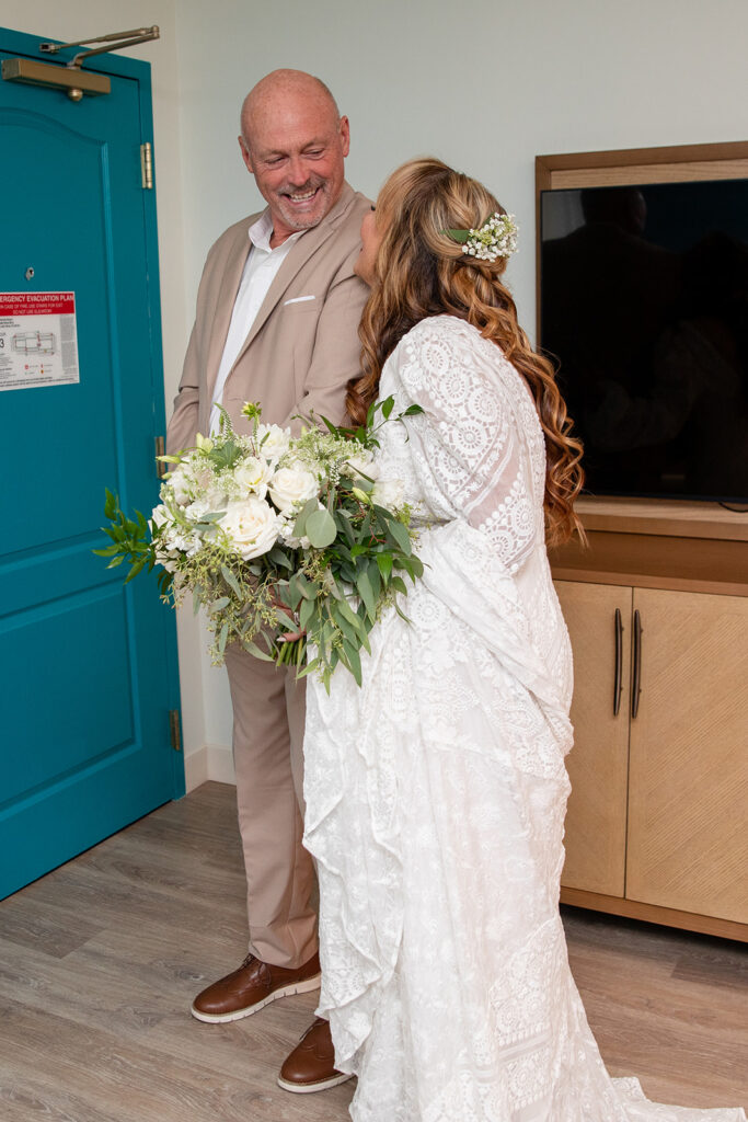 bride and groom first look in Margaritaville resort, South Lake Tahoe