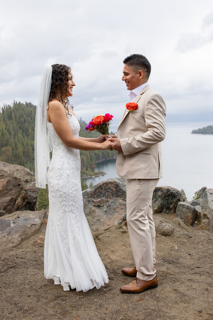 romantic rainy elopement ceremony at emerald bay, lake tahoe