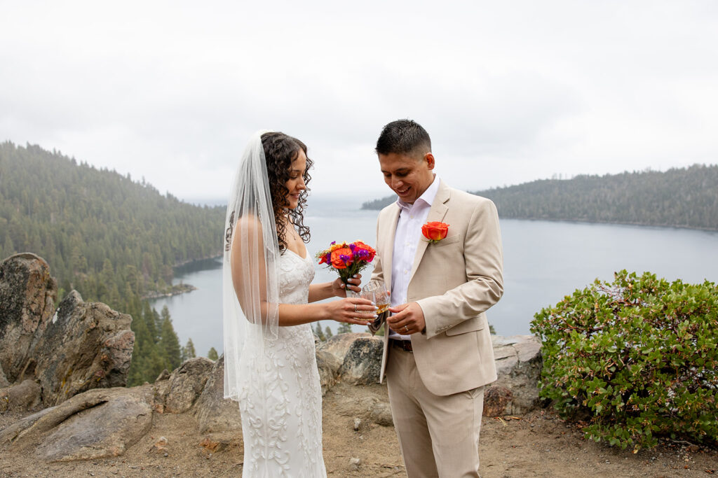 bride and groom celebrating during their emerald bay elopement