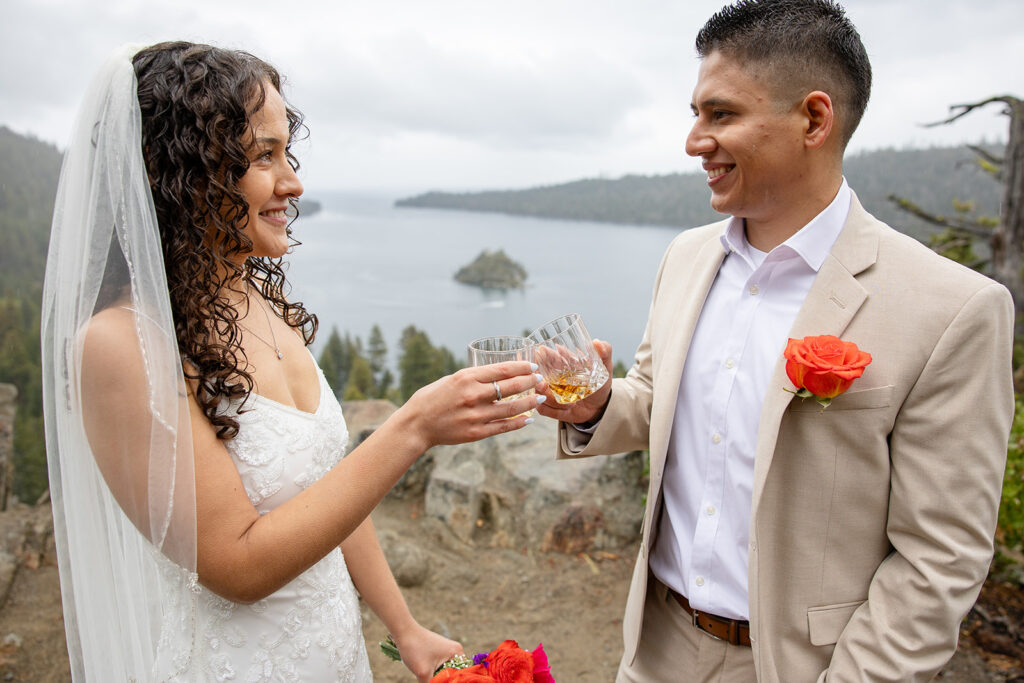 bride and groom celebrating during their emerald bay elopement