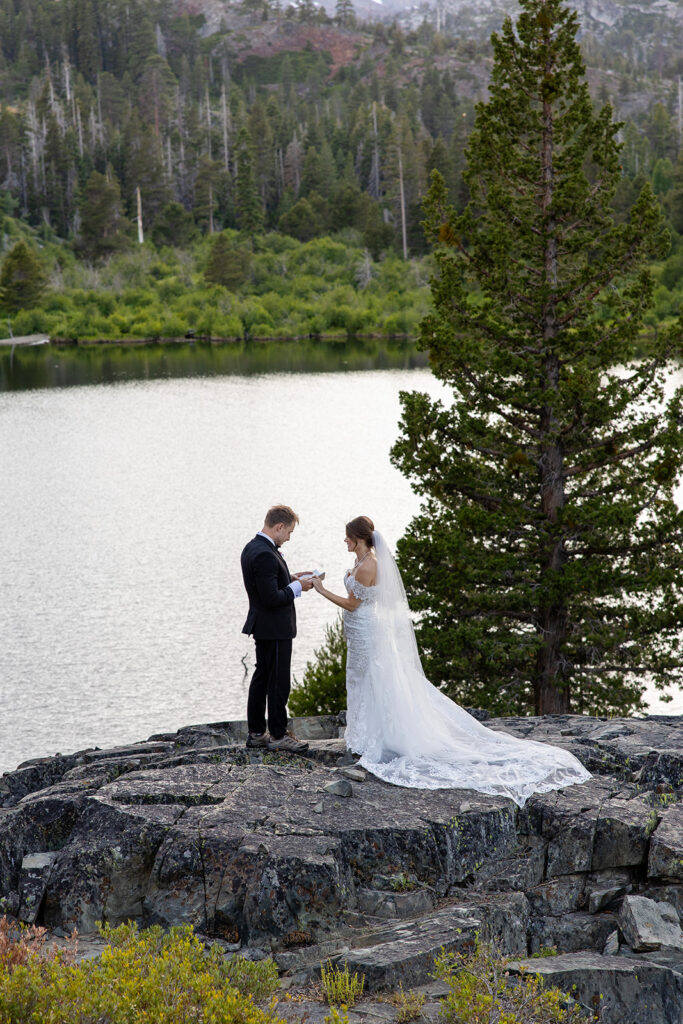 bride and groom exchanging vows on a granite cliff overlooking a lake