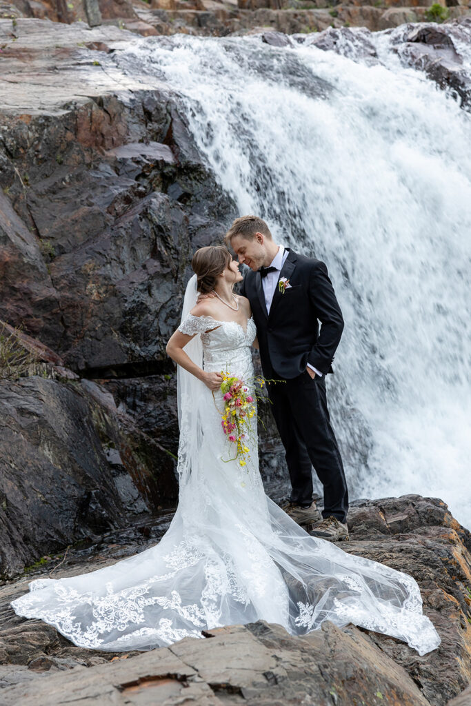 Waterfall backdrop at Glen Alpine Falls during Tahoe wedding photo session