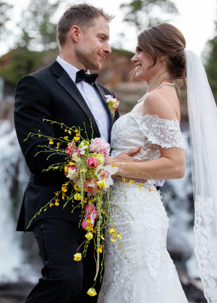 Waterfall backdrop at Glen Alpine Falls during Tahoe wedding photo session