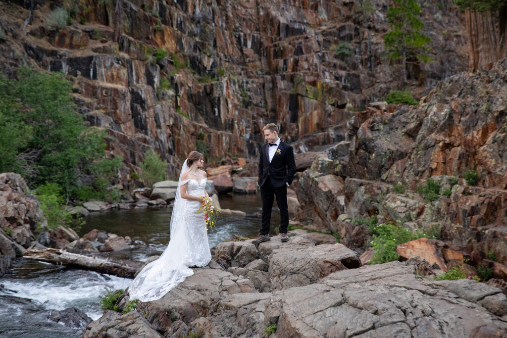 Waterfall backdrop at Glen Alpine Falls during Tahoe wedding photo session