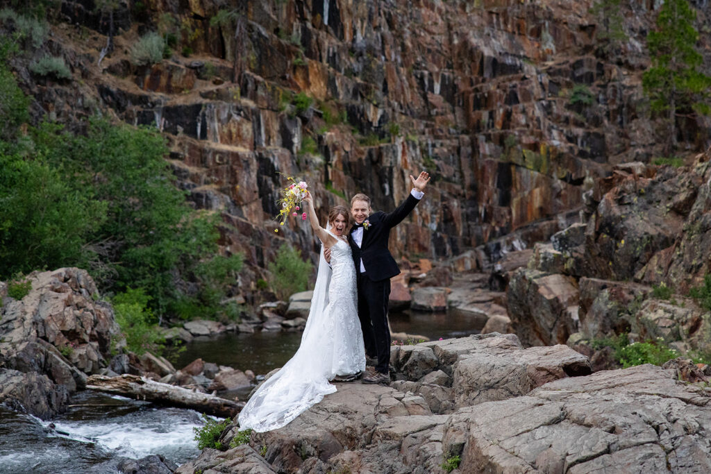 Waterfall backdrop at Glen Alpine Falls during Tahoe wedding photo session