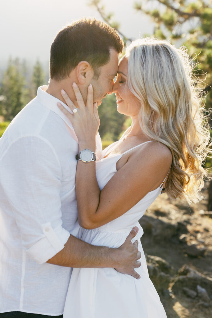 playful golden hour mountain engagement photos at Eagle Rock, Lake Tahoe