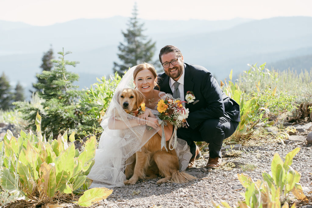 lake tahoe elopement couple with their golden retriever