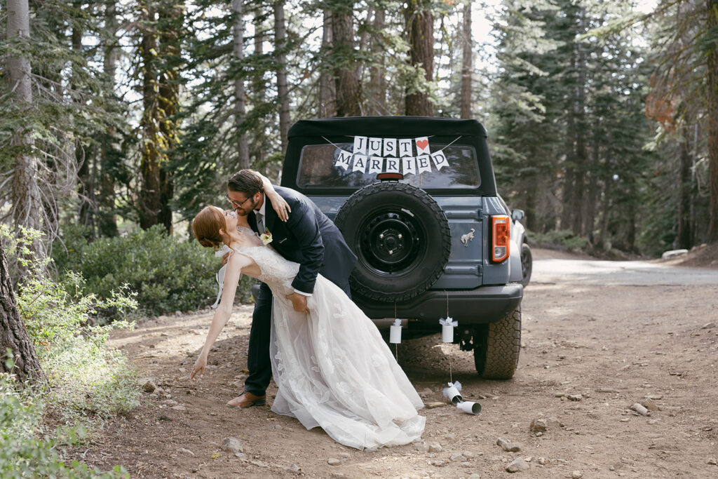 fun adventure elopement couple with their Bronco jeep in Lake Tahoe