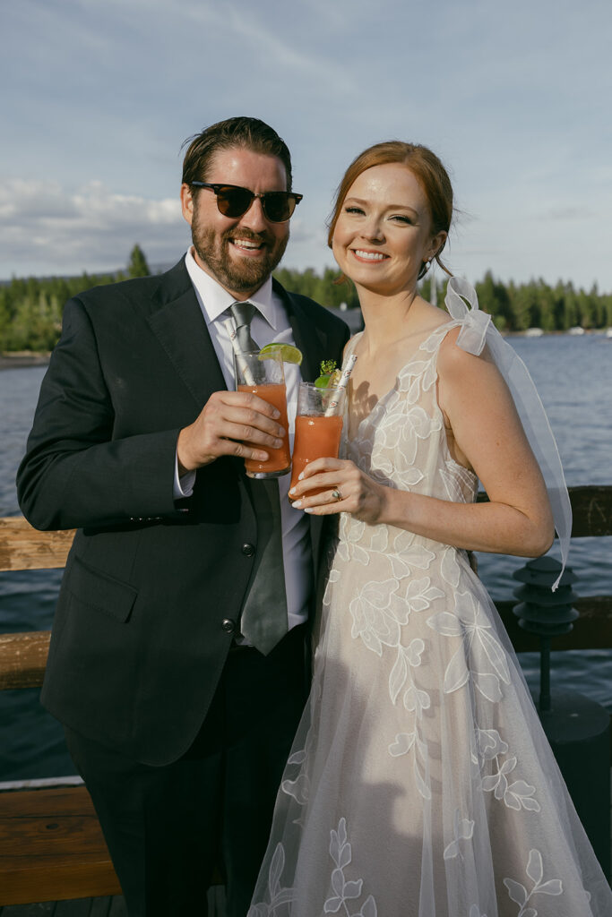 bride and groom enjoying cocktails at garwoods, lake tahoe